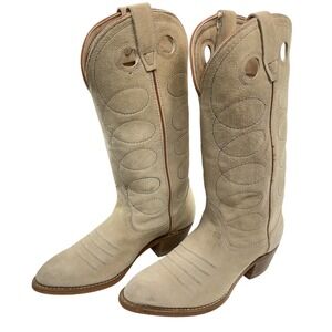 Western Cowboy Boots Suede Cream Leather Men Size 7.5 EE /W 9.5 USA Pull Tabs